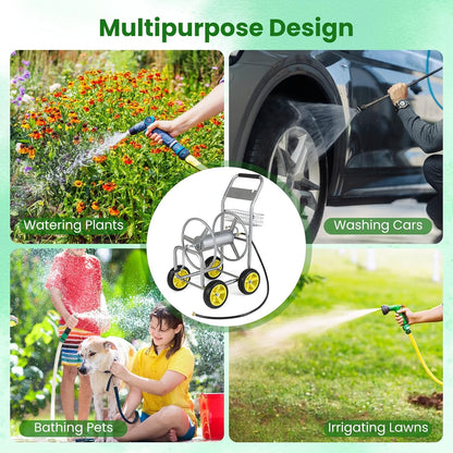 Moccha Hose Reel Cart, Hold Up to 300 FT of 5/8", Heavy-Duty Garden Water Hose Carts with 4 Wheels & Storage Basket for Outside Yard, Outdoor Mobile Planting Tool (Green)