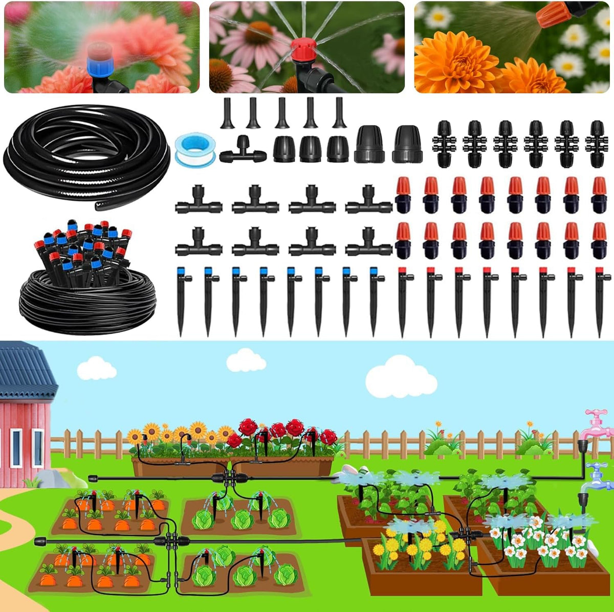 Misting Drip Irrigation System for Garden Watering,Raised Bed 120FT