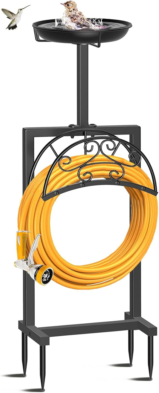 Garden Hose Holder Hanger Freestanding, Upgraded 4 Spikes Heavy Duty Storage Reel Stand with Bird Feeder Bowl, Holds 150ft Hose for Outside Garden Yard Lawn Vegetable Patch