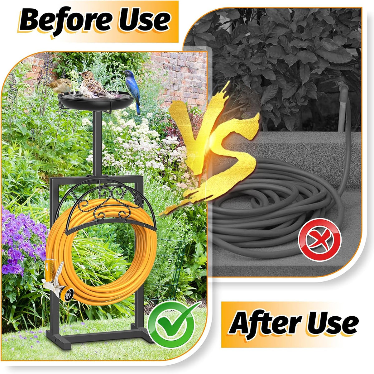 Garden Hose Holder Hanger Freestanding, Upgraded 4 Spikes Heavy Duty Storage Reel Stand with Bird Feeder Bowl, Holds 150ft Hose for Outside Garden Yard Lawn Vegetable Patch