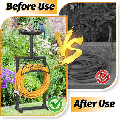Garden Hose Holder Hanger Freestanding, Upgraded 4 Spikes Heavy Duty Storage Reel Stand with Bird Feeder Bowl, Holds 150ft Hose for Outside Garden Yard Lawn Vegetable Patch