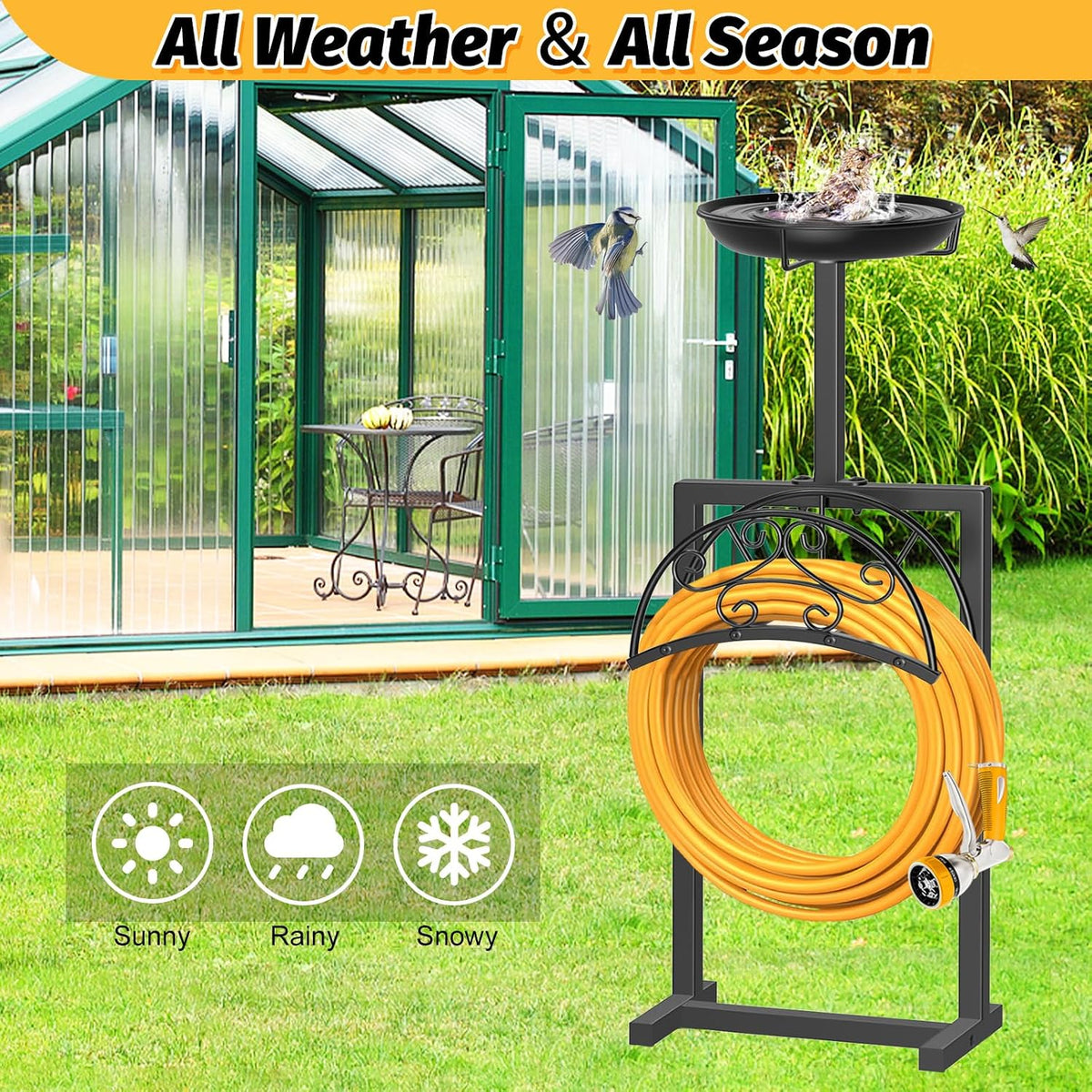 Garden Hose Holder Hanger Freestanding, Upgraded 4 Spikes Heavy Duty Storage Reel Stand with Bird Feeder Bowl, Holds 150ft Hose for Outside Garden Yard Lawn Vegetable Patch