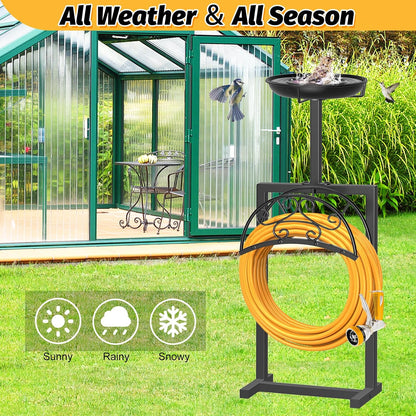 Garden Hose Holder Hanger Freestanding, Upgraded 4 Spikes Heavy Duty Storage Reel Stand with Bird Feeder Bowl, Holds 150ft Hose for Outside Garden Yard Lawn Vegetable Patch