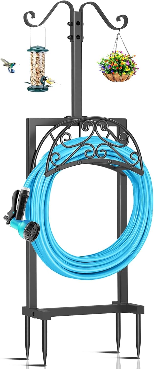 Garden Hose Holder Hanger Freestanding, Upgraded 4 Spikes Heavy Duty Storage Reel Stand with Bird Feeder Bowl, Holds 150ft Hose for Outside Garden Yard Lawn Vegetable Patch
