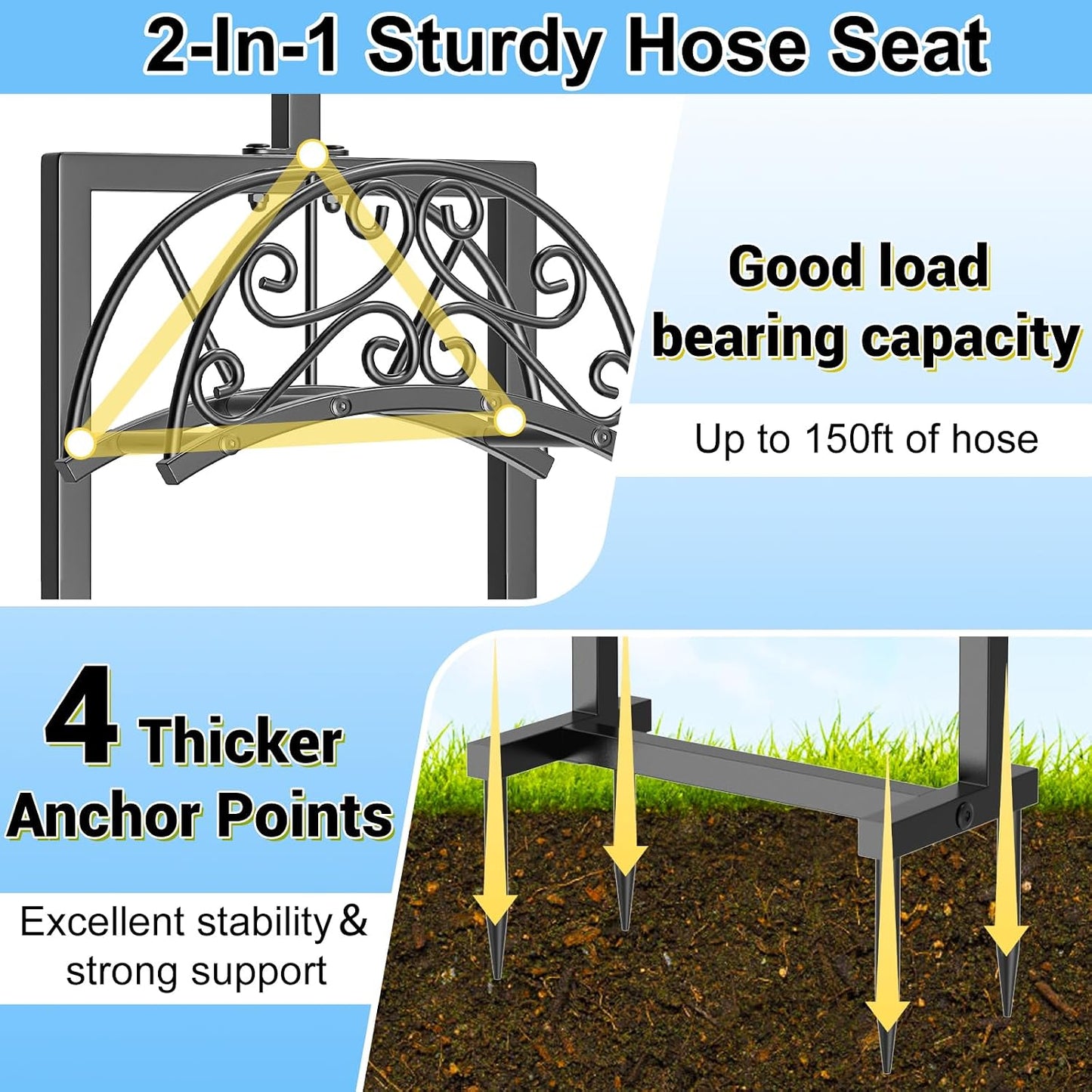 Garden Hose Holder Hanger Freestanding, Upgraded 4 Spikes Heavy Duty Storage Reel Stand with Bird Feeder Bowl, Holds 150ft Hose for Outside Garden Yard Lawn Vegetable Patch