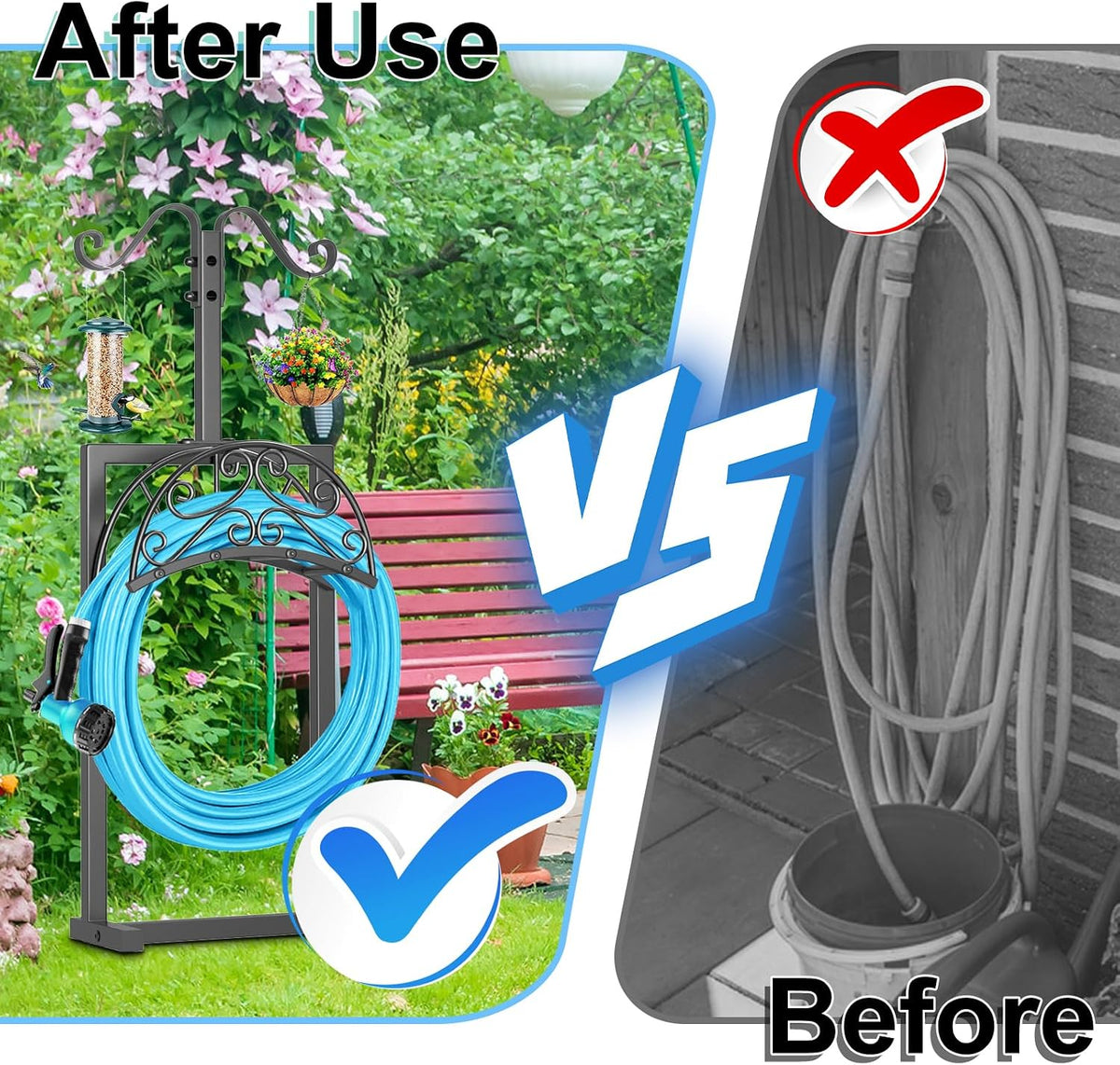 Garden Hose Holder Hanger Freestanding, Upgraded 4 Spikes Heavy Duty Storage Reel Stand with Bird Feeder Bowl, Holds 150ft Hose for Outside Garden Yard Lawn Vegetable Patch