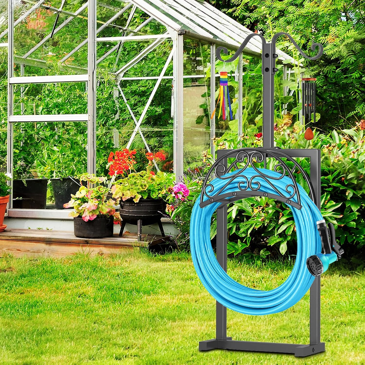 Garden Hose Holder Hanger Freestanding, Upgraded 4 Spikes Heavy Duty Storage Reel Stand with Bird Feeder Bowl, Holds 150ft Hose for Outside Garden Yard Lawn Vegetable Patch