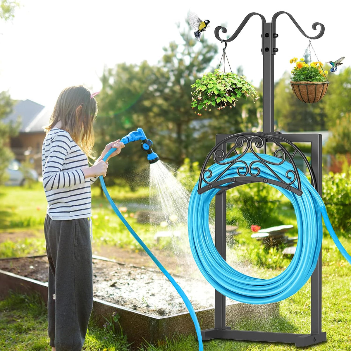 Garden Hose Holder Hanger Freestanding, Upgraded 4 Spikes Heavy Duty Storage Reel Stand with Bird Feeder Bowl, Holds 150ft Hose for Outside Garden Yard Lawn Vegetable Patch