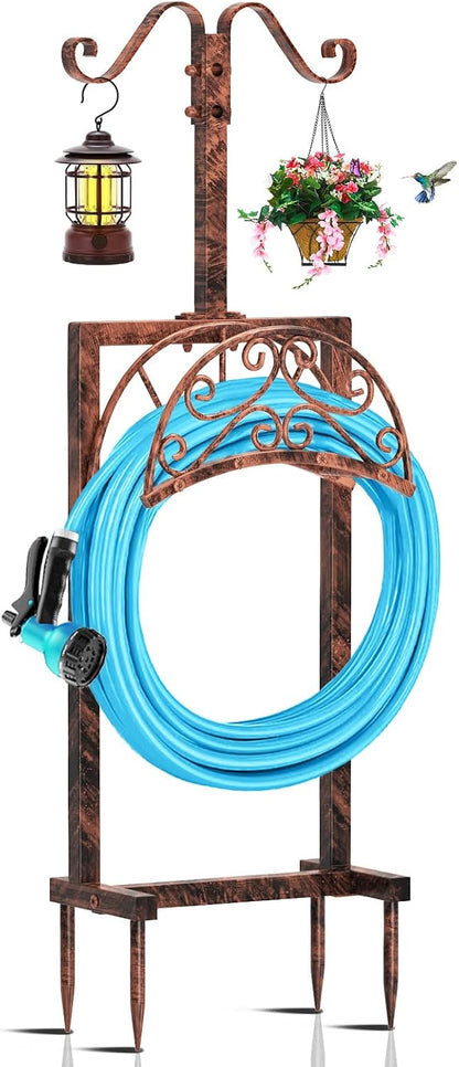 Garden Hose Holder Hanger Freestanding, Upgraded 4 Spikes Heavy Duty Storage Reel Stand with Bird Feeder Bowl, Holds 150ft Hose for Outside Garden Yard Lawn Vegetable Patch