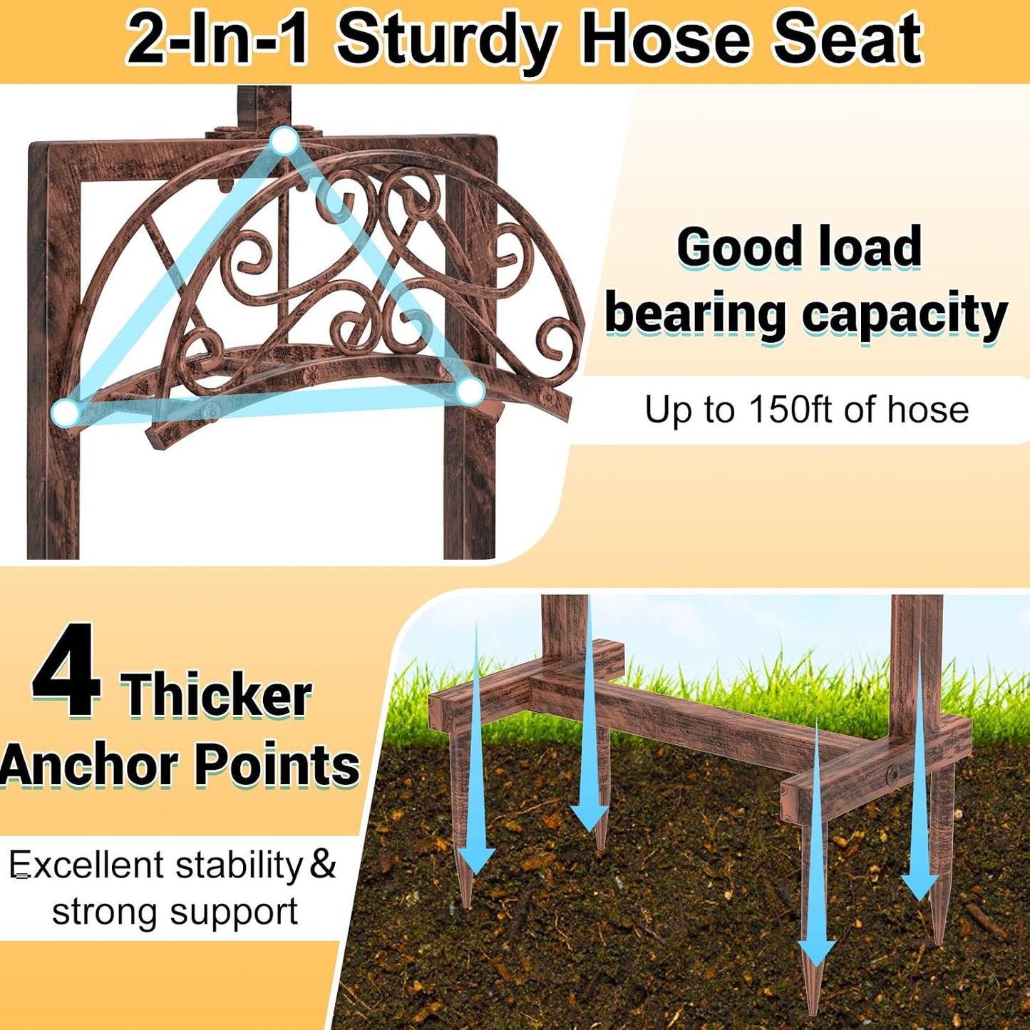 Garden Hose Holder Hanger Freestanding, Upgraded 4 Spikes Heavy Duty Storage Reel Stand with Bird Feeder Bowl, Holds 150ft Hose for Outside Garden Yard Lawn Vegetable Patch