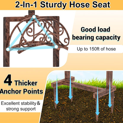Garden Hose Holder Hanger Freestanding, Upgraded 4 Spikes Heavy Duty Storage Reel Stand with Bird Feeder Bowl, Holds 150ft Hose for Outside Garden Yard Lawn Vegetable Patch