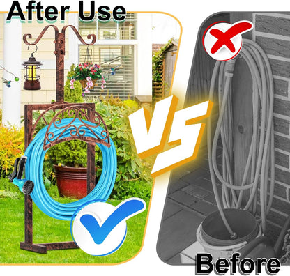 Garden Hose Holder Hanger Freestanding, Upgraded 4 Spikes Heavy Duty Storage Reel Stand with Bird Feeder Bowl, Holds 150ft Hose for Outside Garden Yard Lawn Vegetable Patch