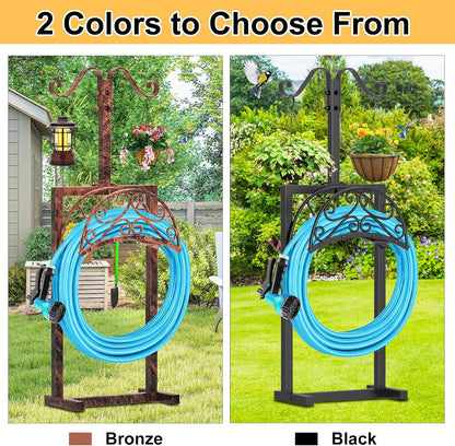Garden Hose Holder Hanger Freestanding, Upgraded 4 Spikes Heavy Duty Storage Reel Stand with Bird Feeder Bowl, Holds 150ft Hose for Outside Garden Yard Lawn Vegetable Patch