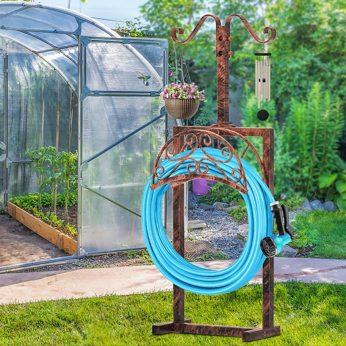 Garden Hose Holder Hanger Freestanding, Upgraded 4 Spikes Heavy Duty Storage Reel Stand with Bird Feeder Bowl, Holds 150ft Hose for Outside Garden Yard Lawn Vegetable Patch