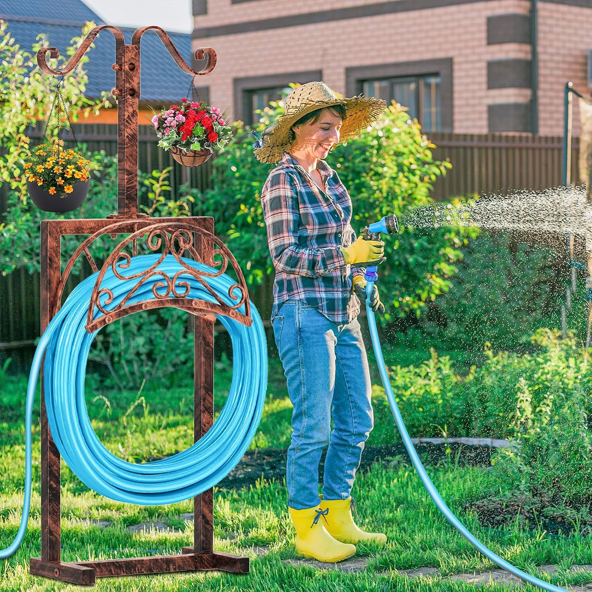 Garden Hose Holder Hanger Freestanding, Upgraded 4 Spikes Heavy Duty Storage Reel Stand with Bird Feeder Bowl, Holds 150ft Hose for Outside Garden Yard Lawn Vegetable Patch