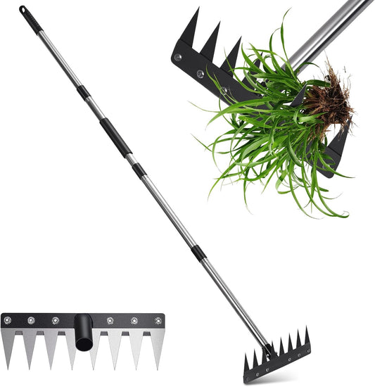 Garden Weed Pulling Tool with Long Handle, Garden Hoe and Weed Rake