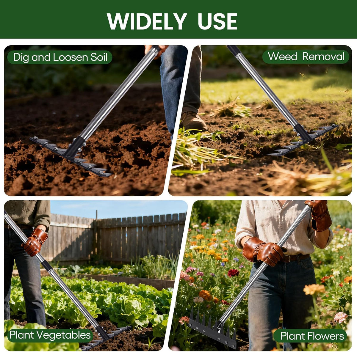 Garden Weed Pulling Tool with Long Handle, Garden Hoe and Weed Rake