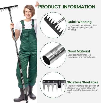 Garden Weed Pulling Tool with Long Handle, Garden Hoe and Weed Rake