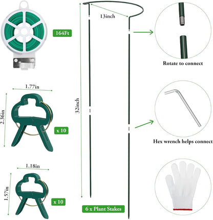 6 Pack Peony Cage, 32" x 13" Half Round Metal Plant Support Stakes