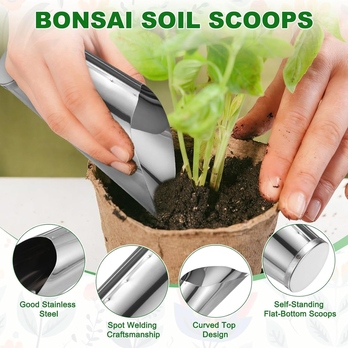 1-Pack Bonsai Soil Scoops, 2.8inch/7.2cm Stainless Steel Garden Soil Scoops Bucket Shovel Potting Scoopers for Transplanting/Flower Planting, Small Gardening Tools [Silver Tone]