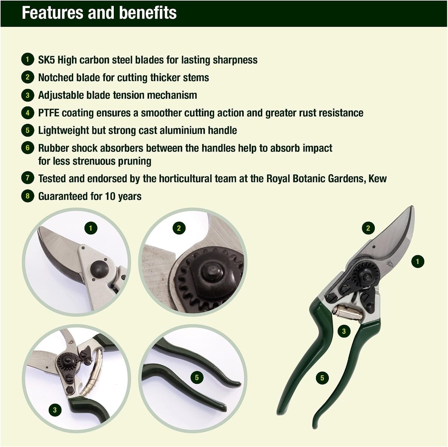 Razorsharp Left-Handed Bypass Pruners, Precision Gardening Shears with Carbon Steel Blades for Clean, Effortless Cuts