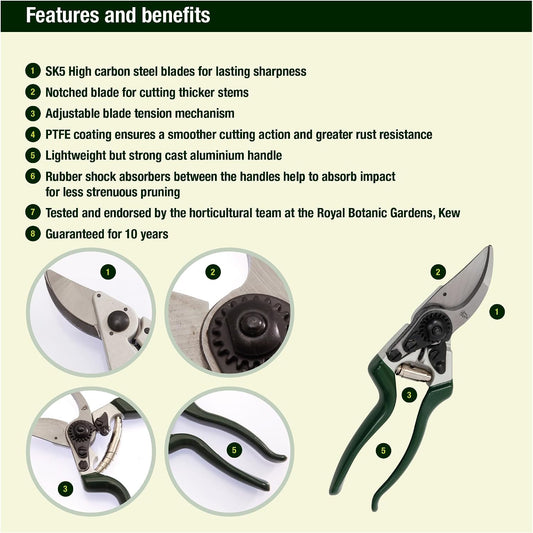 Razorsharp Left-Handed Bypass Pruners, Precision Gardening Shears with Carbon Steel Blades for Clean, Effortless Cuts