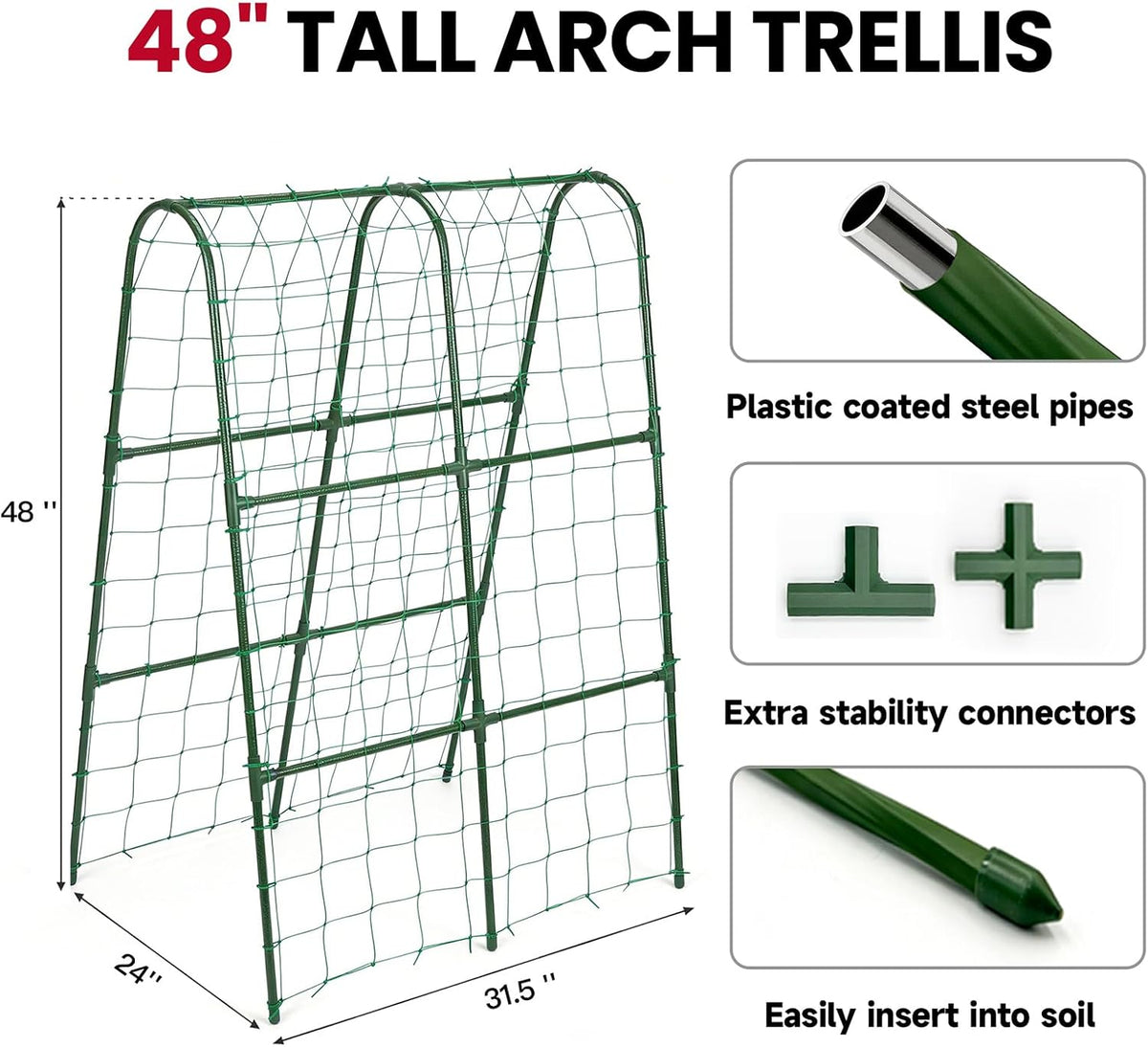 Cucumber Trellis for Raised Bed, Garden Trellis for Climbing Plants Outdoor, Metal Arch Trellis U-Shape Vegetables Support for Tomotoes Grape Vines Beans Peas (Green, 31.5" L x 24" W x 48" H)