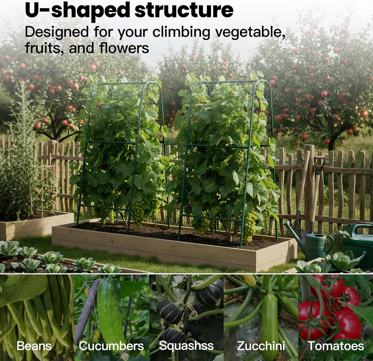 Cucumber Trellis for Raised Bed, Garden Trellis for Climbing Plants Outdoor, Metal Arch Trellis U-Shape Vegetables Support for Tomotoes Grape Vines Beans Peas (Green, 31.5" L x 24" W x 48" H)