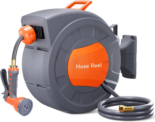 Garden Hose Reel, 1/2 in x 100 ft Wall Mounted Retractable Water Hose Reel with 9 Function Sprayer Nozzle, Any Length Lock, 180° Swivel Bracket, Automatic Rewind and Slow Return System