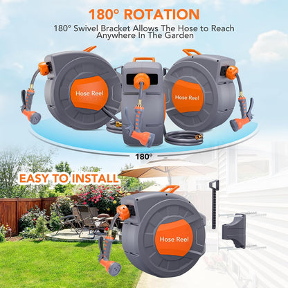 Garden Hose Reel, 1/2 in x 100 ft Wall Mounted Retractable Water Hose Reel with 9 Function Sprayer Nozzle, Any Length Lock, 180° Swivel Bracket, Automatic Rewind and Slow Return System