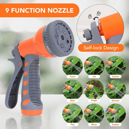 Garden Hose Reel, 1/2 in x 100 ft Wall Mounted Retractable Water Hose Reel with 9 Function Sprayer Nozzle, Any Length Lock, 180° Swivel Bracket, Automatic Rewind and Slow Return System
