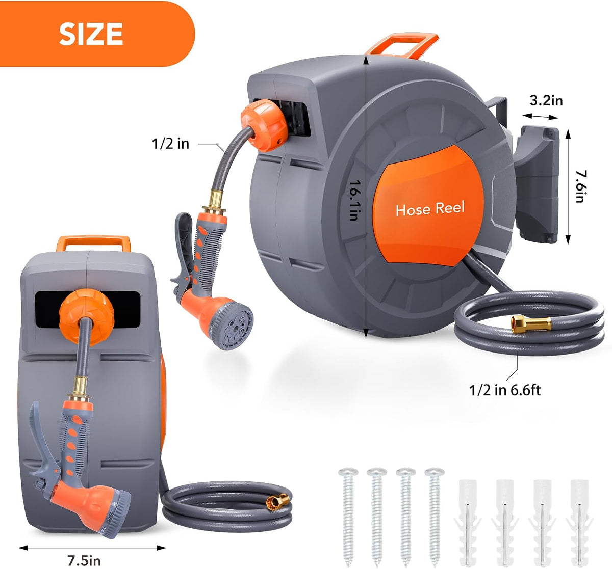 Garden Hose Reel, 1/2 in x 100 ft Wall Mounted Retractable Water Hose Reel with 9 Function Sprayer Nozzle, Any Length Lock, 180° Swivel Bracket, Automatic Rewind and Slow Return System