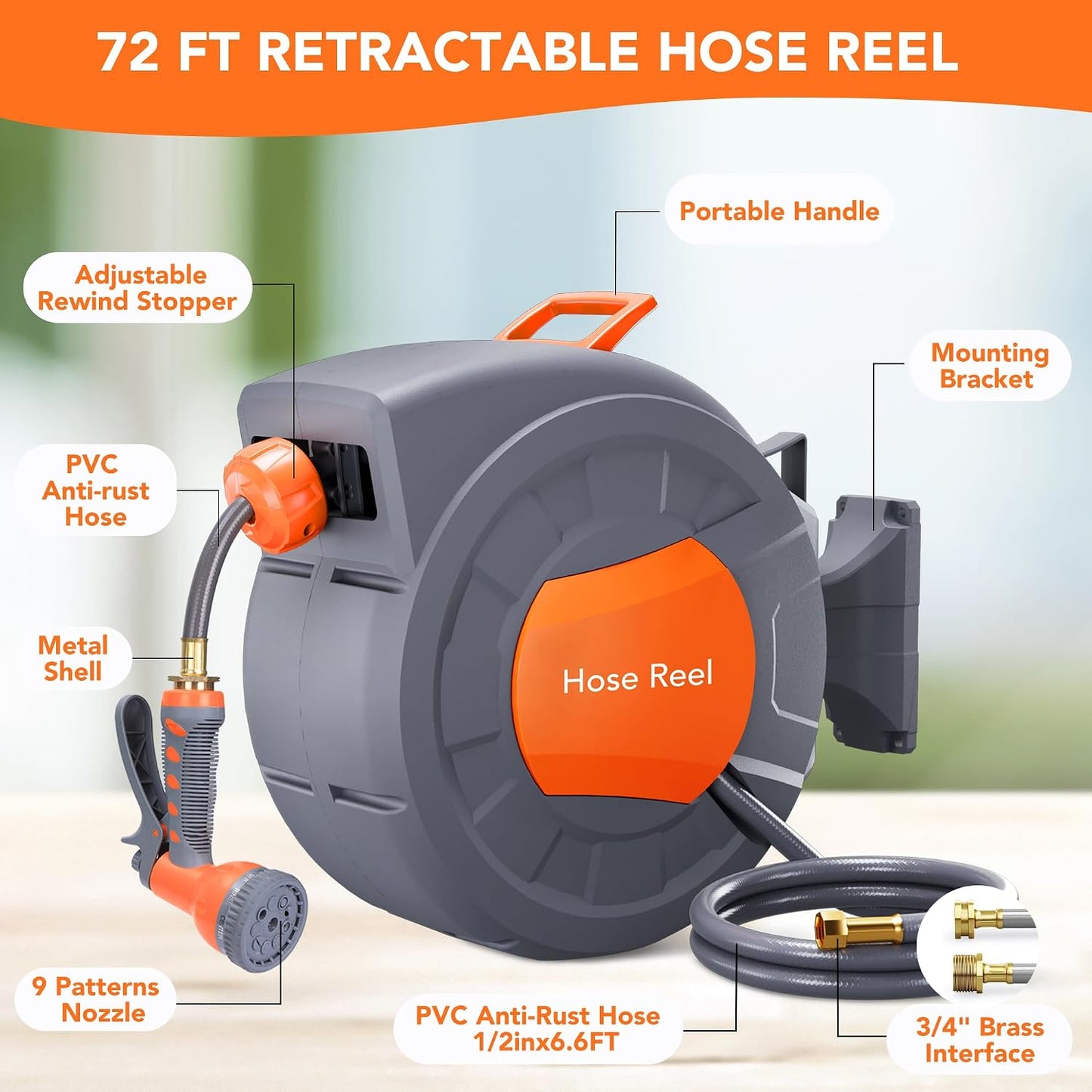 Garden Hose Reel, 1/2 in x 100 ft Wall Mounted Retractable Water Hose Reel with 9 Function Sprayer Nozzle, Any Length Lock, 180° Swivel Bracket, Automatic Rewind and Slow Return System
