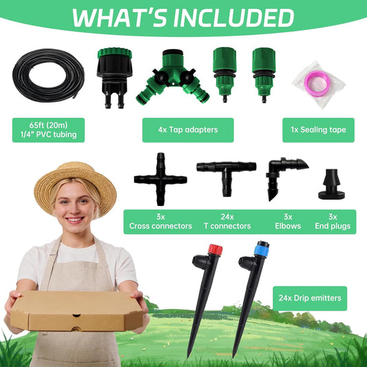 65Ft Drip Irrigation System Kit with 1/4 Inch Tubing for Garden