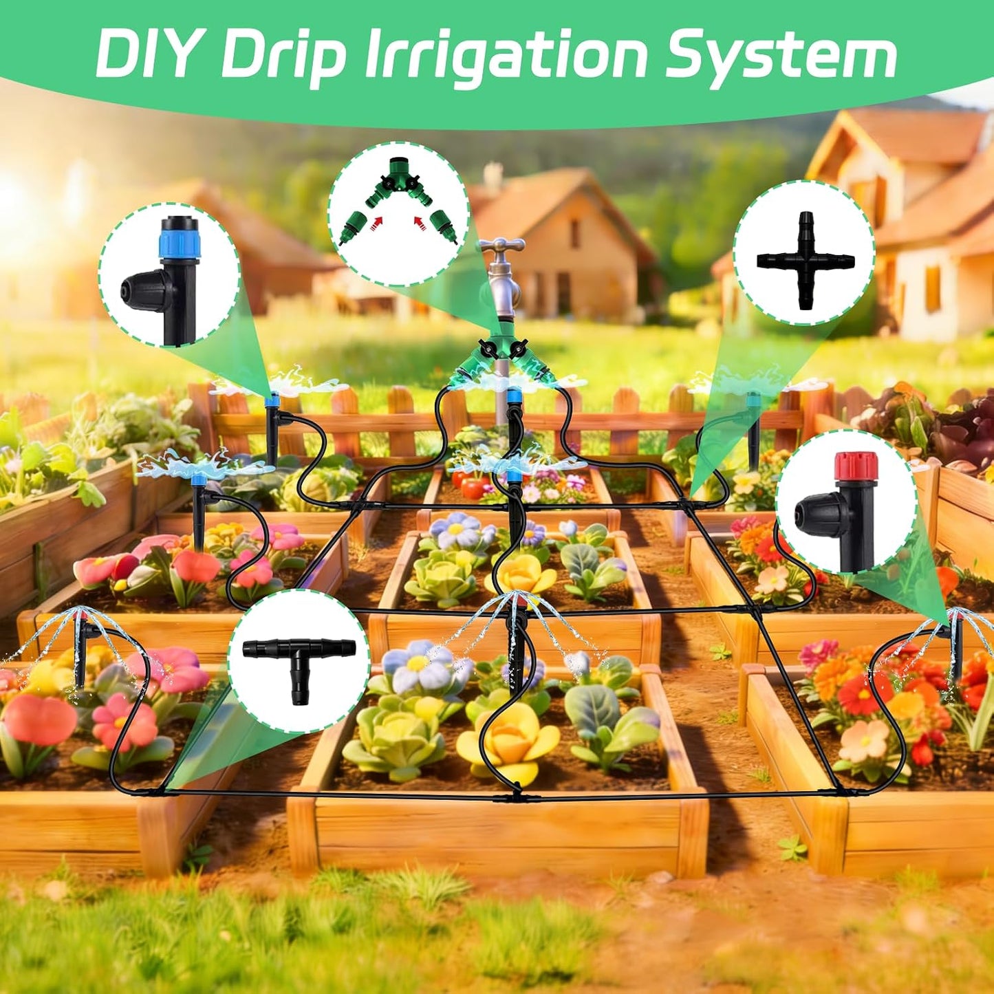 65Ft Drip Irrigation System Kit with 1/4 Inch Tubing for Garden