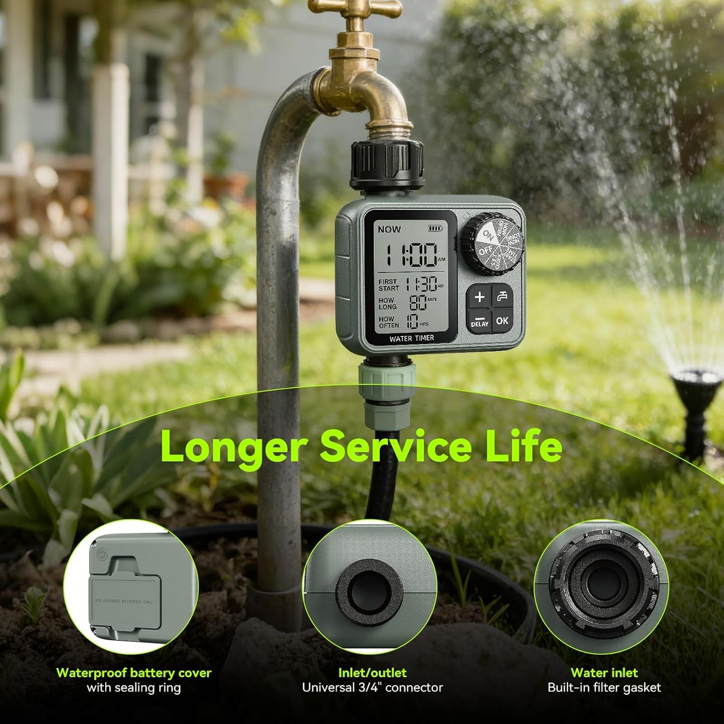 Sprinkler Timer for Garden Hose, Programmable Water Timer with Rain Delay & Manual Mode, Automatic Drip Irrigation System, Outdoor Hose Timers for Lawn Yard Watering, 1 Outlet