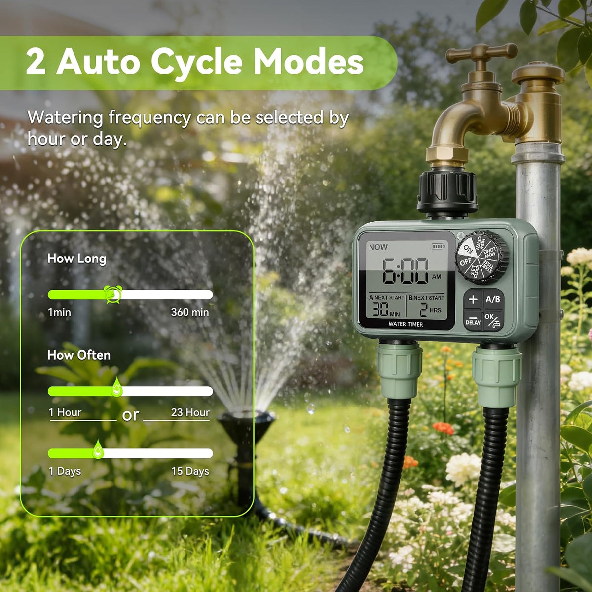 Sprinkler Timer for Garden Hose, Programmable Water Timer with Rain Delay & Manual Mode, Automatic Drip Irrigation System, Outdoor Hose Timers for Lawn Yard Watering, 1 Outlet