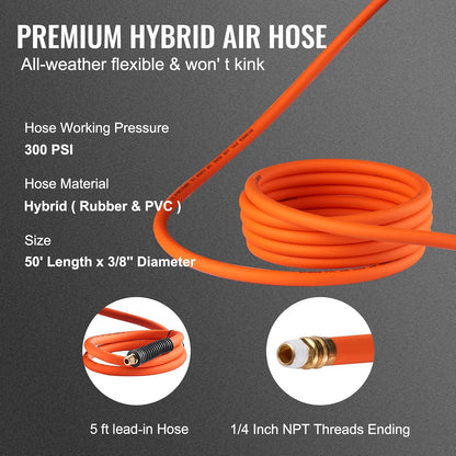 Retractable Air Hose Reel 3/8IN x 50FT Hybrid Air Hose Max 300PSI