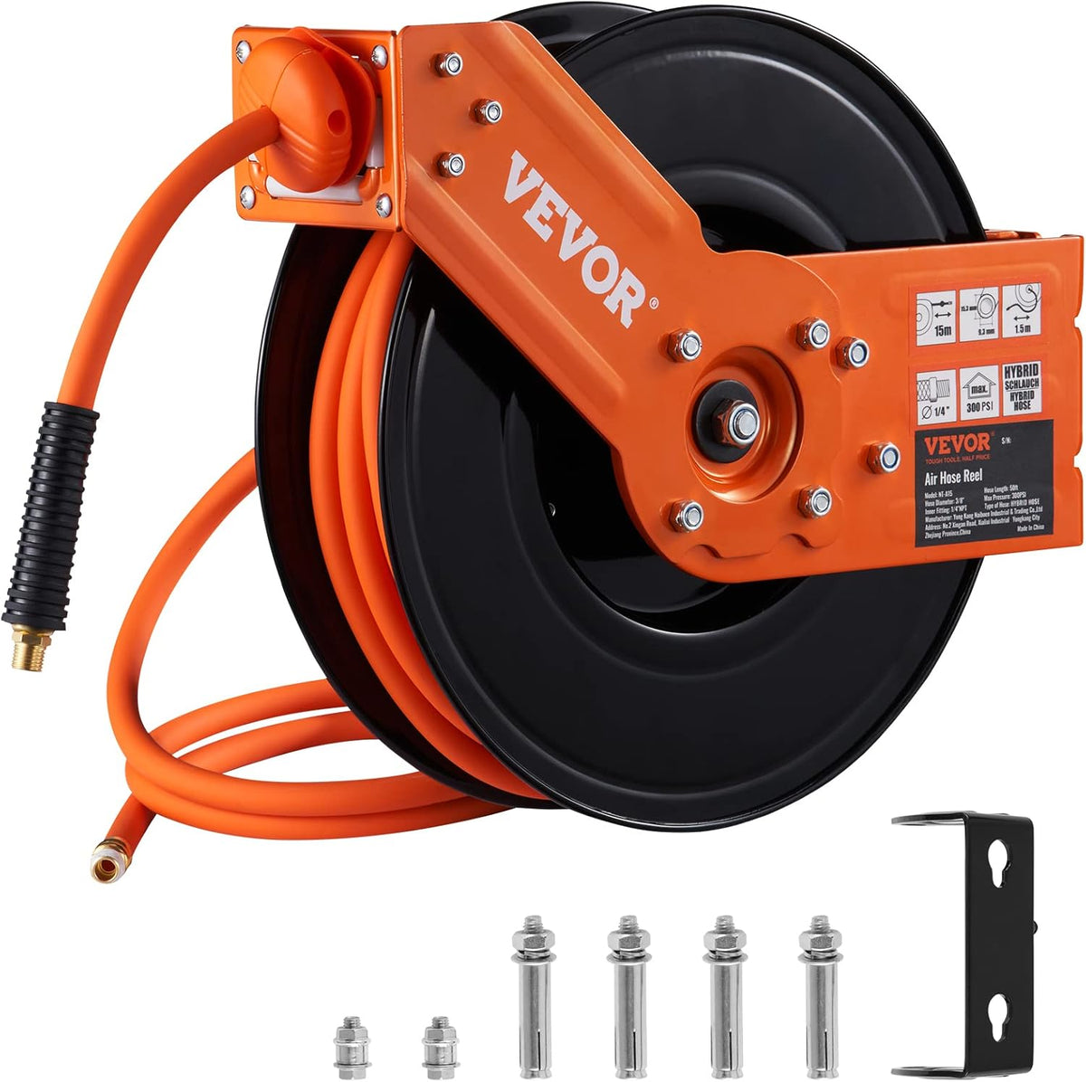 Retractable Air Hose Reel 3/8IN x 50FT Hybrid Air Hose Max 300PSI