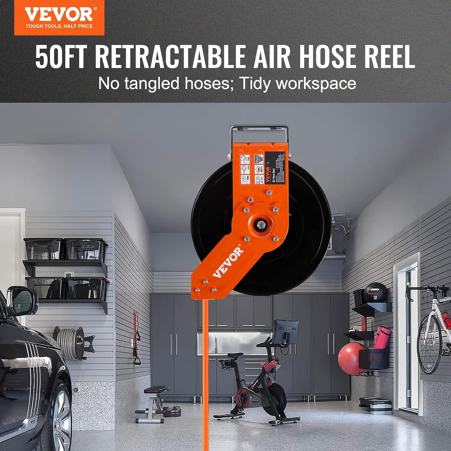 Retractable Air Hose Reel 3/8IN x 50FT Hybrid Air Hose Max 300PSI