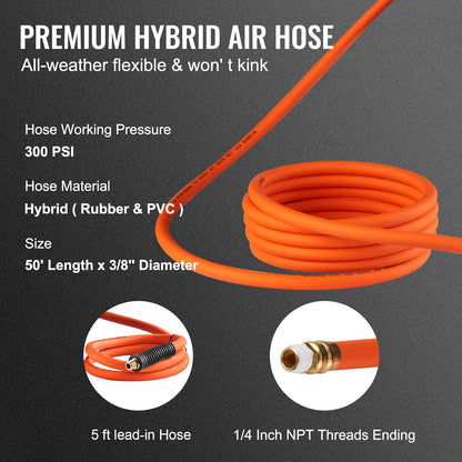 Retractable Air Hose Reel 3/8IN x 50FT Hybrid Air Hose Max 300PSI
