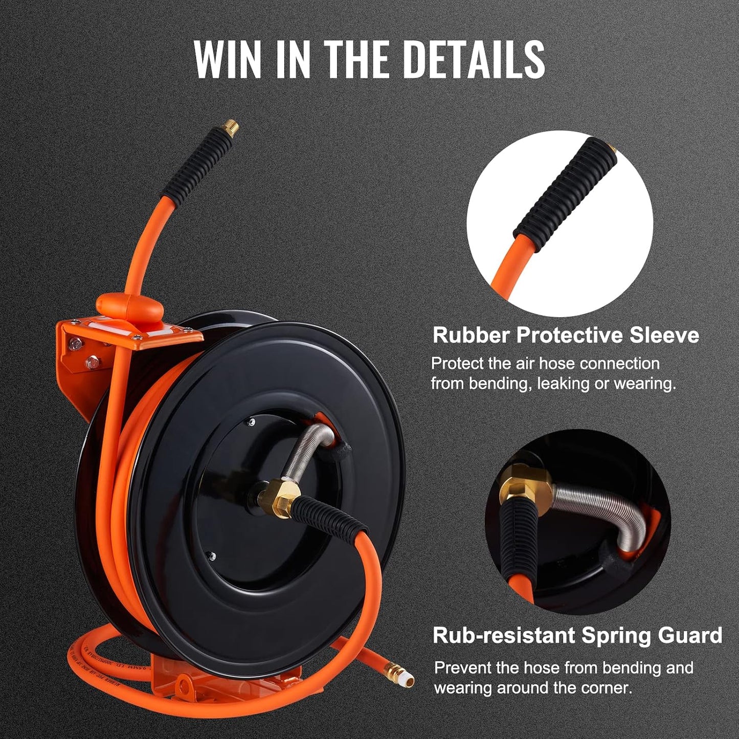 Retractable Air Hose Reel 3/8IN x 50FT Hybrid Air Hose Max 300PSI