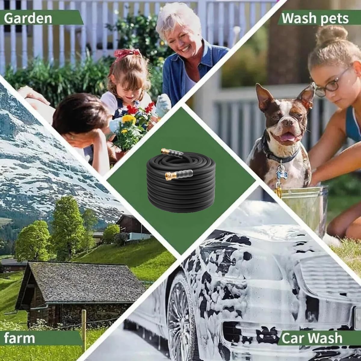 Heavy Duty Premium Garden Hose 5ft x 5/8", 300PSI Working, 1000PSI Burst, Hybrid Rubber Water Hose with Transparent Swivel Handle - Hot/Cold Water - Five Layered Braiding with Brass fittings (Black)