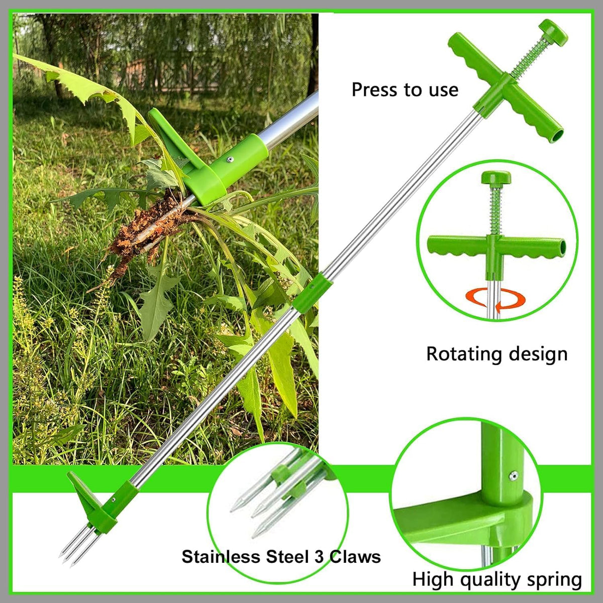 Stand Up Weed Puller Hand Tool - 39" Long Handle Garden Weeding Tool with 3 Sharp Claws & Foot Pedal, Efficient Weed Hound Puller for Dandelion & Root Removal (3 Claws)