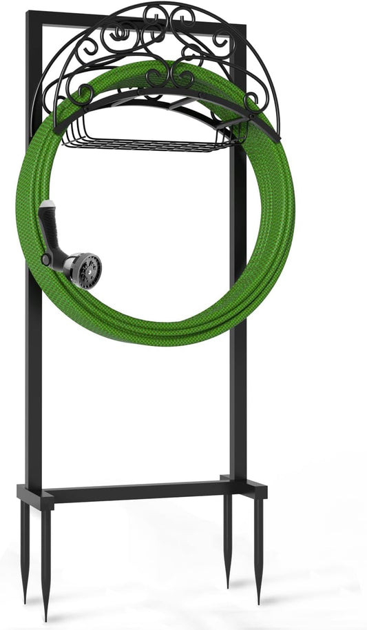 Garden Hose Holder Freestanding with Basket, Heavy Duty Outdoor Hose Stand, Metal Rack for Yard, Durable Water Hose Storage for outside, Compact Organizer for Garden Use