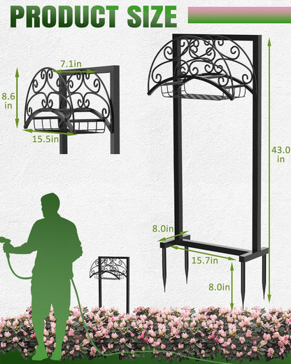 Garden Hose Holder Freestanding with Basket, Heavy Duty Outdoor Hose Stand, Metal Rack for Yard, Durable Water Hose Storage for outside, Compact Organizer for Garden Use