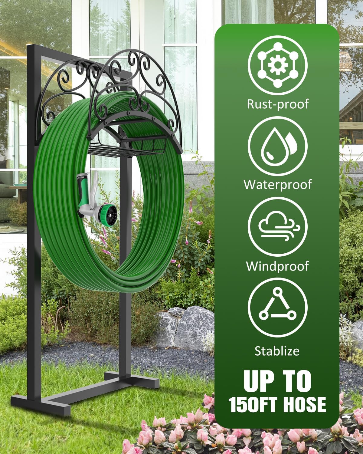 Garden Hose Holder Freestanding with Basket, Heavy Duty Outdoor Hose Stand, Metal Rack for Yard, Durable Water Hose Storage for outside, Compact Organizer for Garden Use
