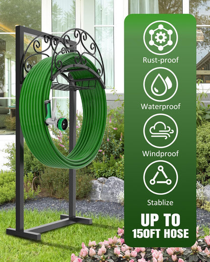 Garden Hose Holder Freestanding with Basket, Heavy Duty Outdoor Hose Stand, Metal Rack for Yard, Durable Water Hose Storage for outside, Compact Organizer for Garden Use