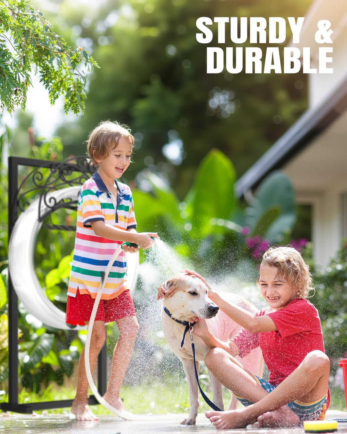 Garden Hose Holder Freestanding with Basket, Heavy Duty Outdoor Hose Stand, Metal Rack for Yard, Durable Water Hose Storage for outside, Compact Organizer for Garden Use