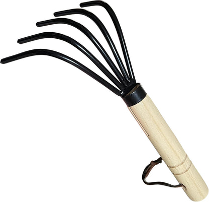 Hand Rake Cultivator Claw Soil Tiller - Military Grade Steel - Rust Resistant - 5 Tine Japanese Ninja Claw - Comfortable Wood Handle - Perfect Pulverized and Aerated Soil